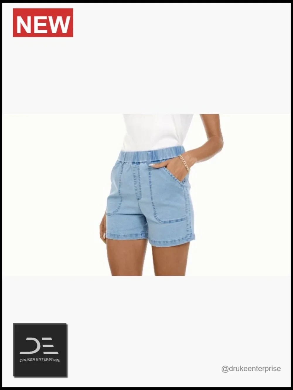 Lightweight Denim Shorts High Waisted Elastic Waist Pockets Casual Baggy Beach
